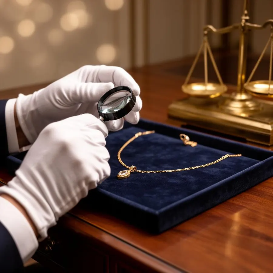 Expert taxeert gouden ketting met loep en weegschaal voor klanten uit Bergen op Zoom